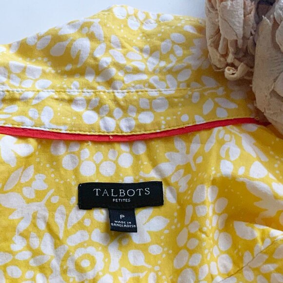 TALBOTS  Petites Yellow and White Flora Cotton Roll Tab Sleeve Summer Shirt - Picture 15 of 16